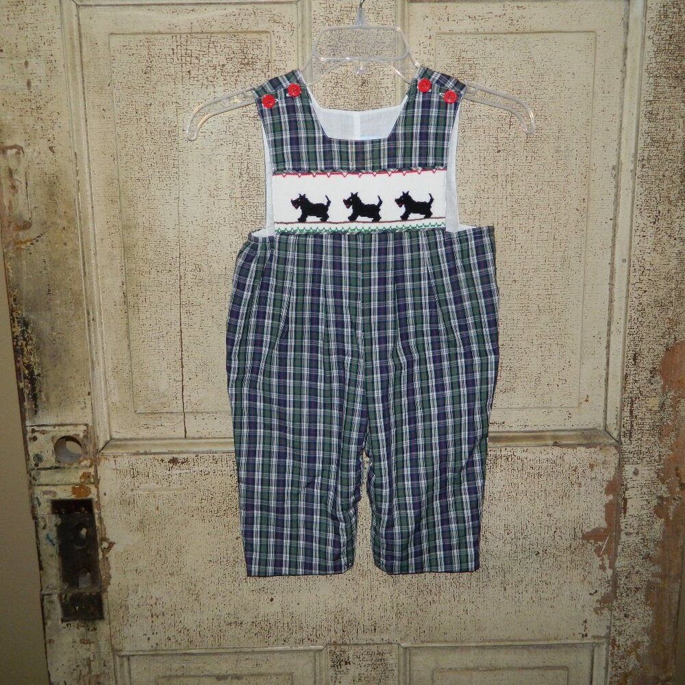 Remember Nguyen Smocked Scottie Dogs Plaid Longall Romper Size 12M (A-17)